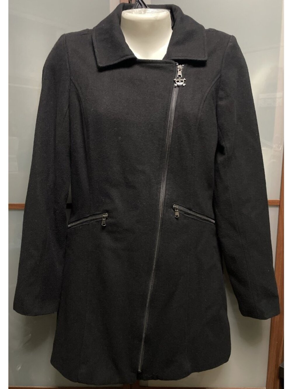 Hot Topic Vintage Medium Black Corset Back Pea Coat Jacket Full Zip Asymmetrical